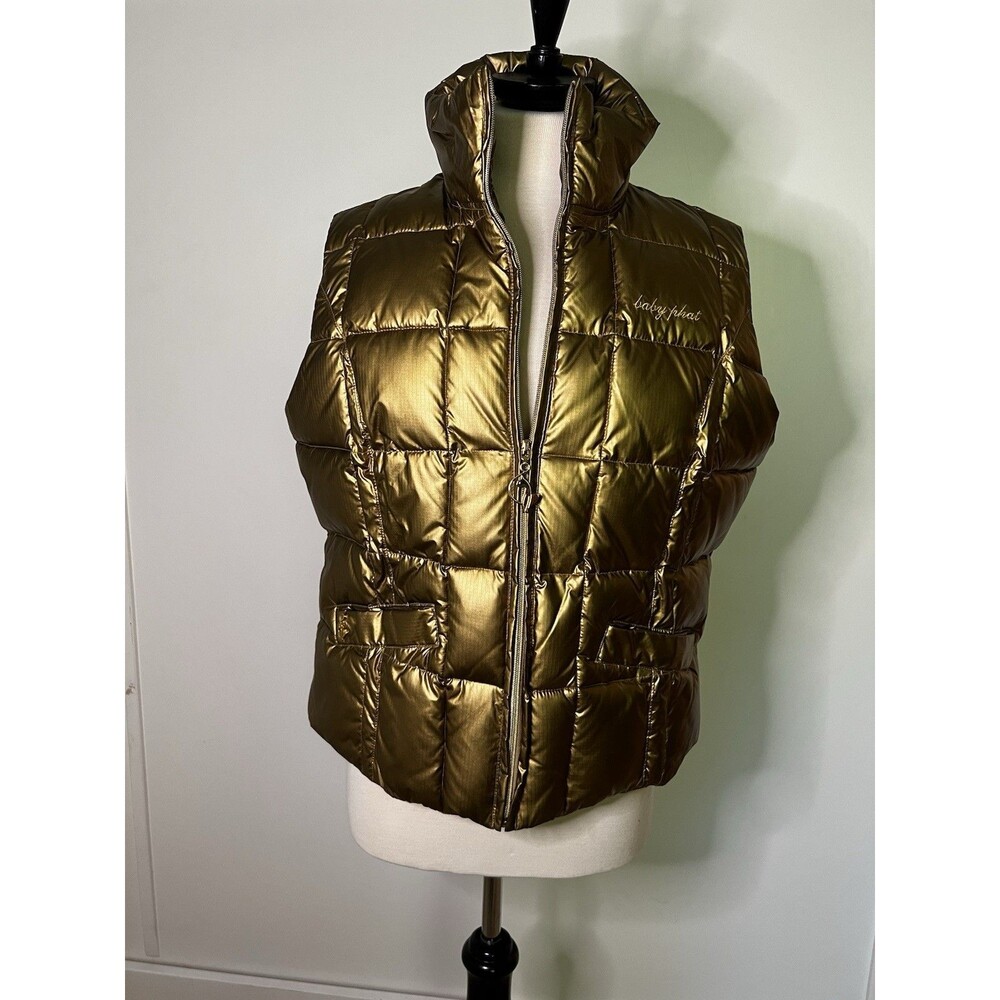 Baby Phat Metallic Gold Quilted Puffer Vest with Embroidered Cat Logo